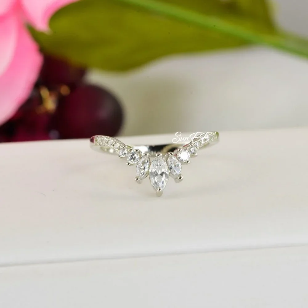 Round Marquis Diamond Enhancer Guard Ring 14K White Gold Crown Wedding Band